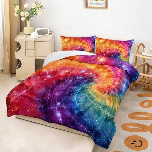 Image of AILONEN Tie Dye Comforter Set Full Size,Colorful Rainbow Spiral Bedding Set 3Pcs for Girls Women Room,Bohemian Galaxy Stars Quilt with 2 Pillowcases