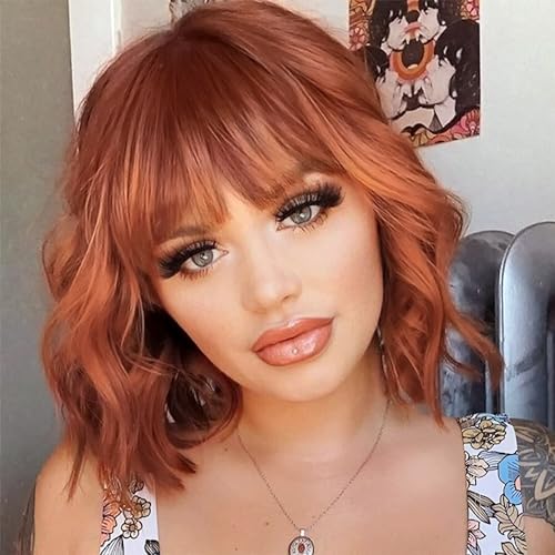 PORSMEER Short Pastel Wavy Bob Dark Auburn Wig with Fringe Natural Looking Synthetic Hair Wigs for Women Ladies Party Or Daily Wear
