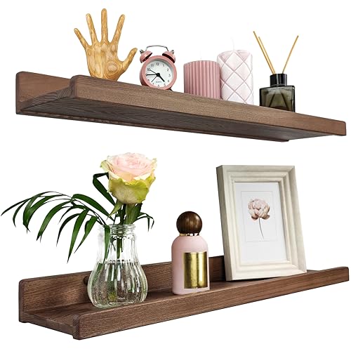 Floating Shelves for Wall 24 inch, Waterproof, Wall Storage Shelves with Lip, Display Picture Ledge Shelf for Photo Frame, Natural Wood Hanging Book Shelves (American Walnut, Set 2)