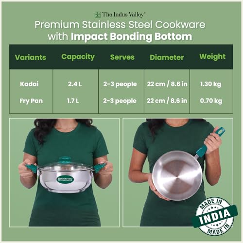 Image of The Indus Valley Stainless Steel Impact Bonded Bottom Kadai (22cm) + Fry Pan (22cm) with Glass Lid | Green Bakelite Handle | Kitchen Cooking Combo Pots & Pans Set of 2 | Induction Compatible