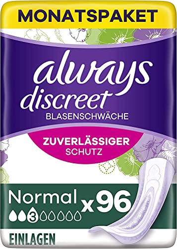 Always Discreet Inkontinenzeinlagen Normal, 96 Binden (4 x 24 Stück) Monatspaket, diskreter Schutz & hohe Saugstärke, geruchsneutralisierend (Verpackung kann variieren) Cover