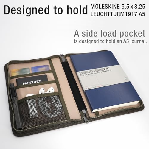 Image of A5 YKK Zipper Notebook Journal Planner Sketchbook Cover for 5.5 x 8.25 Moleskine Cahier 5 x 8 legal note pads A5 LEUCHTTURM, Pen Loop, Water Resistant Cover, Classy Waxed Canvas, Olive