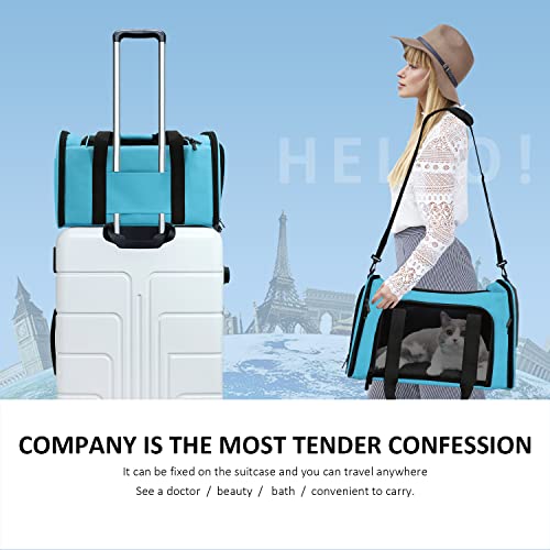 Image of Henkelion Pet Carrier for Small Medium Cats Puppies up to 15 Lbs, Airline Approved Small Dog Travel Puppy Carrier Soft Sided, Collapsible - Blue (Pack of 2)