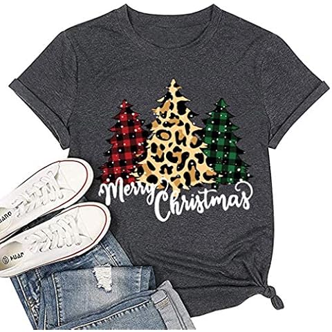 Earlymemb Womens Merry Christmas Tree Leopard Plaid Printed T-Shirt Short Sleeve T-Shirts Tops (Medium, Dark Grey-2) Cover