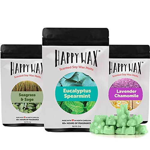 Happy Wax Spa Mix Premium Scented Natural, Non Toxic Soy Wax Melts – 6 Total Oz. of Scented Wax Melts. Includes: Seagrass & Sage, Lavender Chamomile, and Eucalyptus Spearmint