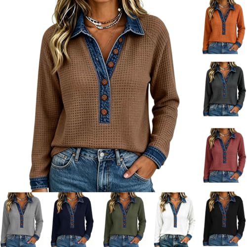 Waffle Knit Tops for Women Long Sleeve Denim Patchwork Fall Henley Shirts - image 1