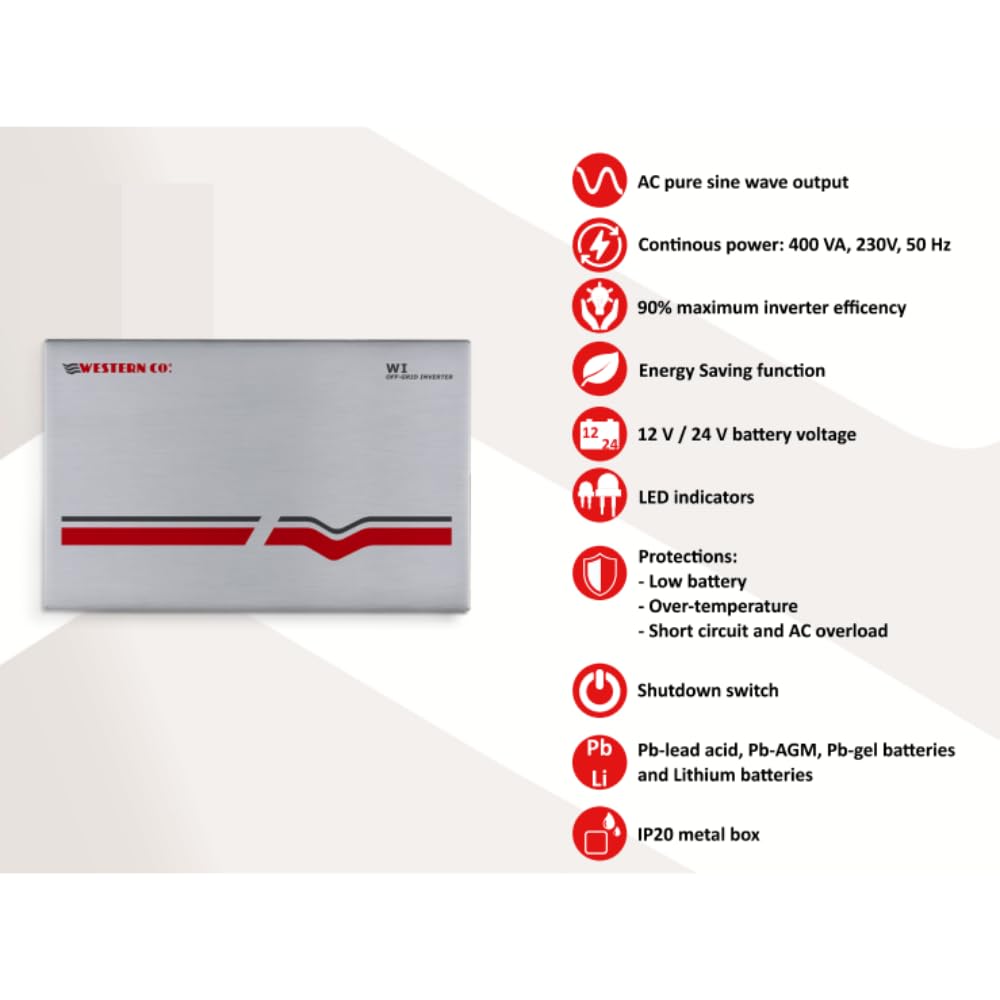 Western CO WI 400-12 | Inverter Fotovoltaico ad Isola DC/AC-400W | Ingresso 12V | Inverter Onda Sinusoidale Pura Off Grid, Risparmio Energetico, Batterie per Fotovoltaico, Generatore di Corrente