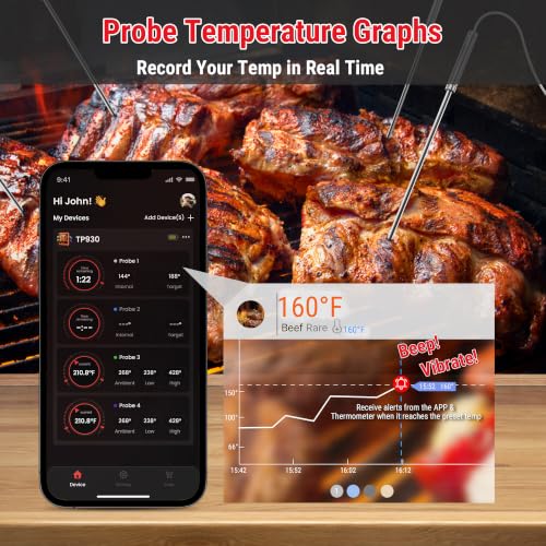 Image of TempPro 650 ft Bluetooth Meat Thermometer with 4 Color-Coded Probes, Wireless Meat Thermometer Digital Wireless with Timer, Commercial Cooking Tools & Utensils Rechargeable for Smoker Oven