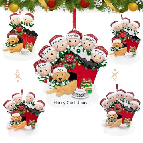 Personalized Christmas Ornaments 2024 - Custom Family of 2/3/4/5/6 with Dog Name Hanging Decoration for Xmas Tree Parents Kids & Puppy with Dog House Holiday Tree Pendant Keepsake Free Customization