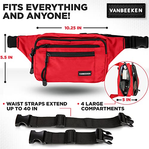 Van Beeken Waterproof Large Fanny Packs for Women & Men (Red) - Waist Pack For Hiking, Travel & Running - Includes Extension Strap - Thumbnail 4