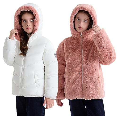 maoo garden Mädchen Winter Reversible Puffer Jacke Kinder Schwergewicht Faux-Daunen Fuzzy Fleece gefüttert Wasser-Resistant Coat Weiß 10Y