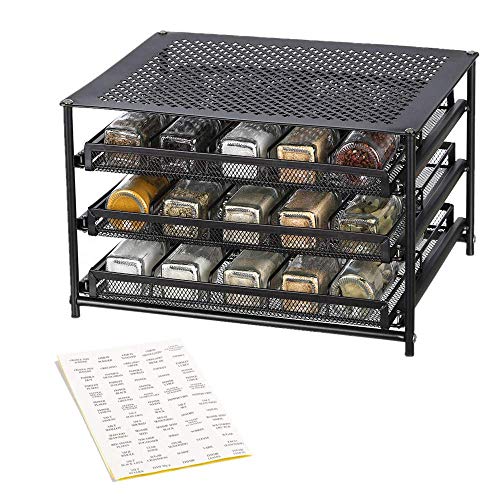 NEX 3-Tier Spice Rack 30 Bottle Standing Spice Drawer Storage Organizer for Kitchen Cabinet Countertop Dark Brown - Thumbnail 6