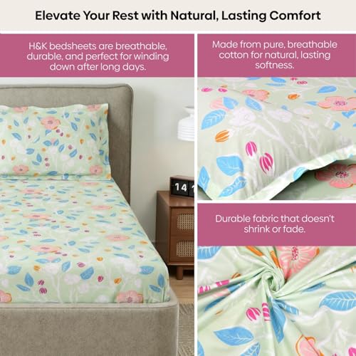 Image of Haus & Kinder Bloomfield Dawn Green Cotton Fitted King Bedsheet, Soft Breathable Cotton Bed Sheet with Elastic Corners for Double Bed, Elegant Floral Design