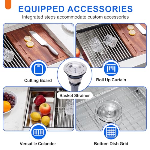 Image of 33 Inch Farmhouse Sink, 33x20 Stainless Steel Undermount Single Bowl Apron Front Handmade 16 Gauge 9 inch Deep Farm Kitchen Sink Workstation with Accessories