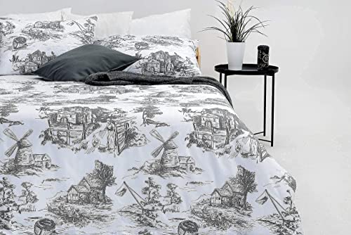 Marsala Home Parure de lit super king size avec housse de couette et housse de couette en toile de coton Motif de Jouy Gris