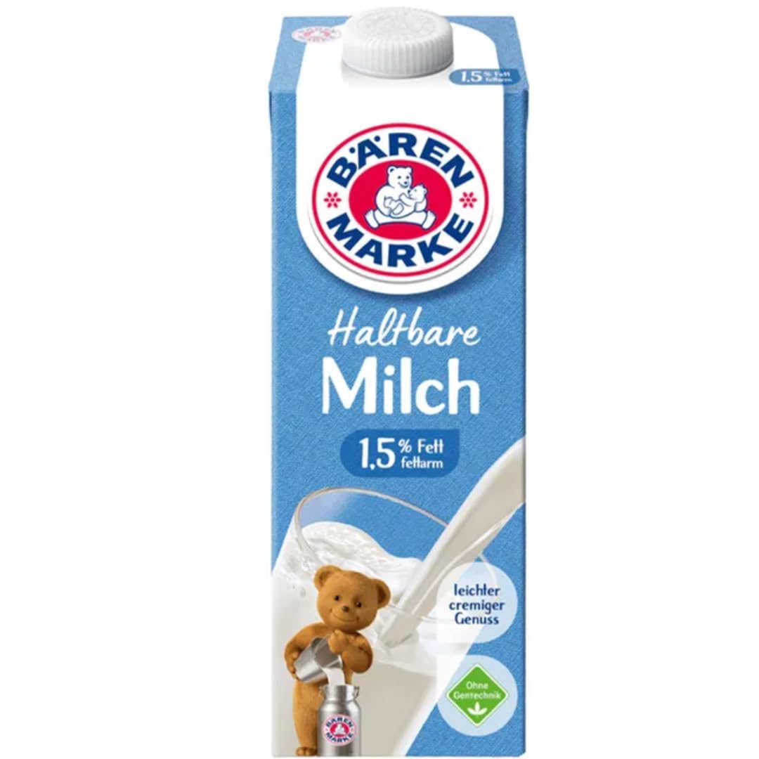 Milch Bärenmarke fettarme H-Milch 1,5% Fett HALTBARE MILCH, je 1 Liter, 24 Stück + pufai