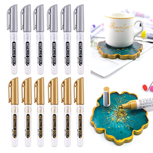 Gasusen Paint Pen Gold Silver Metallic Permanent Acrylic Markers Set, 12 Pcs Waterproof Metallic Acrylic Paint Pens Markers for Resin Epoxy, DIY Craft Painting, 0.7mm Tip