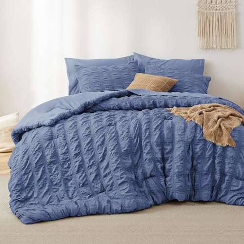 Bedsure Bed in a Bag Queen - 7 Pieces Plaid Seersucker Bedding Comforter Sets, Soft Lightweight Mineral Blue Boho Bed Set with Comforters Queen Size, Sheets, Pillowcases & Shams