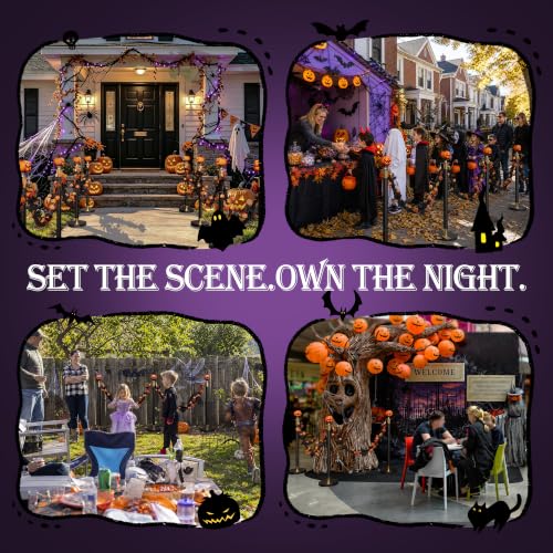 Image of 4 Pack Halloween Pumpkin Head Black&Gold Stanchions and Velvet Ropes Set, Stainless Steel Crowd Control Barriers,3Pcs Black Ropes and Poles for Party,Photobooth Accessories, Prom,Halloween Decorations