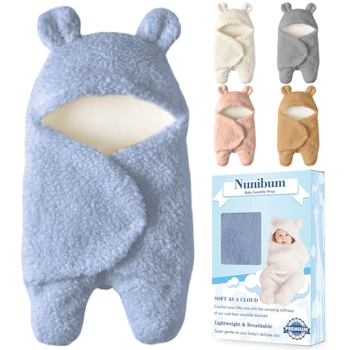 Image of Nunibum Baby Swaddle Blanket Boys Girls Cute Bear Plush Essential Receiving Blanket Ultra-Soft Newborn Registry Sleeping Wraps for Infant 0-6 Months - Blue