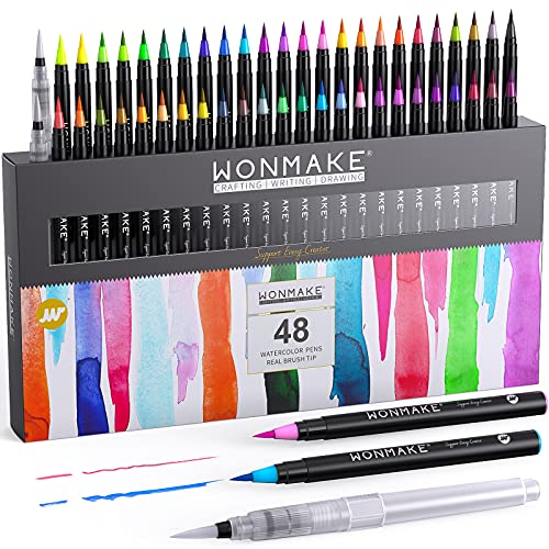 WONMAKE Watercolor Brush Pens for Kids and adults, Real Brush Pen, 48 Watercolor Painting Markers with Flexible Nylon Brush Tips for Coloring, Calligraphy and Drawing (2 Water Brush Pens for Blending)