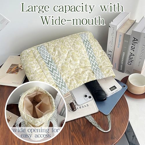 Tote Bag for Women, Lightweight Floral Tote Work Bags for Travel, Cotton Quilted Shoulder Bag with Zipper3