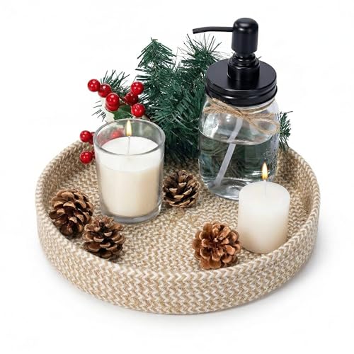 Image of BOBBINY Decorative Round Rope Tray for Decor - Rope Tray for Kitchen Dining Room Table - The Perfect Small Candle Serving Tray for Coffee Table and Home Decor (Jute Mix, 10x10 Inch (Pack of 1))