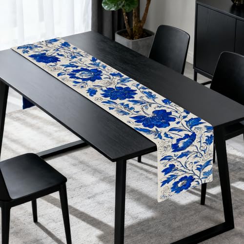 Image of Nuxovilar Hand Drawn Floral Table Runner Flax 13x72 in | Holiday Runner Linen Placemats Dining Accessories Set Afternoon Tea Home Decor (Blue Floral Hand Drawn)