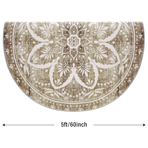 Image of Carvapet Vintage 60 inch Round Rugs - Washable Non-Slip Circle Rug with Rubber Backing Foldable Low Pile Design for Living Room Bedroom, 5 ft Brown Rug