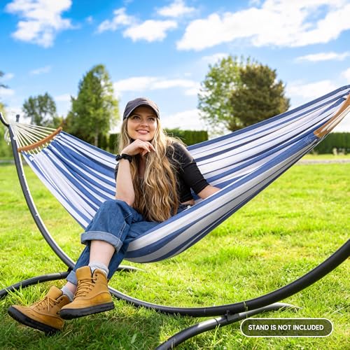 Image of SUNCREAT Hammocks Outdoor Camping Double Hammock for Trees, Blue & White