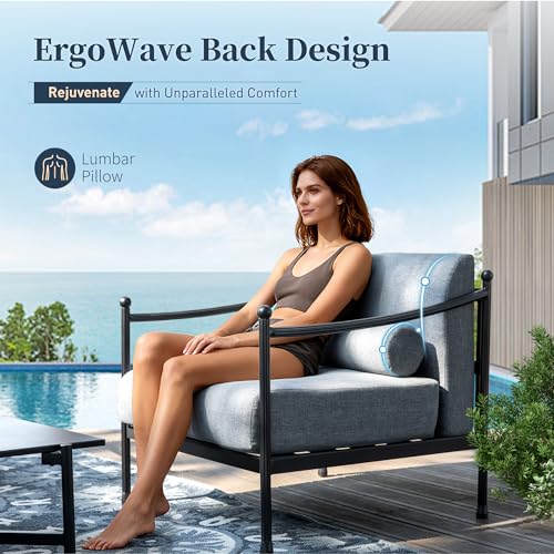 Image of SUNSHINE VALLEY Patio Conversation Set,5 Pcs Metal Outdoor Furniture Set with Aluminum Armrest,3-Seater Sofa,2 Fixed Chairs,Metal Nested Table and 7.1 inch Extra Thick Cushion,Grey