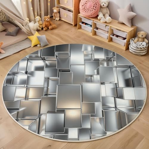 Tapis rond 120cm cube carré imprimé argent géométrie moderne