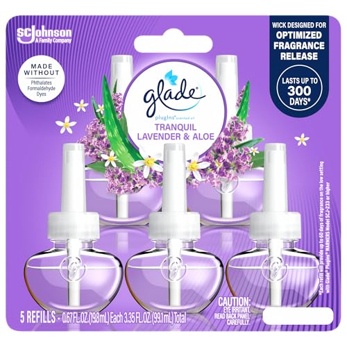 Glade PlugIns Refills Air Freshener Scented and Essential Oils for Home and Bathroom Tranquil Lavender & Aloe 3.35 Fl Oz 5 Count