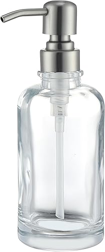 Miniatura 1 de Dispensador de jabón de vidrio transparente con bomba de níquel cepillado, dispensador de jabón líquido de 11 onzas cilíndrico con bomba de acero