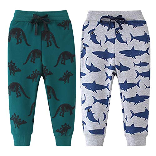 LeeXiang Boys Cotton Jogger Pants, Dinosaur Embroidery Sweatpants 1Pack or 2Pack (Green & Grey, 6-7 Years)