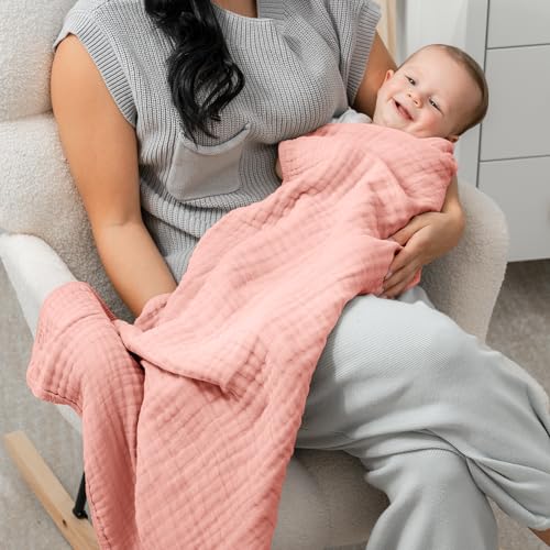 Image of Comfy Cubs Muslin Baby Blanket - Soft, Lightweight, 6-Layer Cotton Swaddle Blankets for Newborns, Infants & Toddlers - 40 inch x 40 inch Large, Breathable & Versatile for Sleeping & Tummy Time - Bold Blush