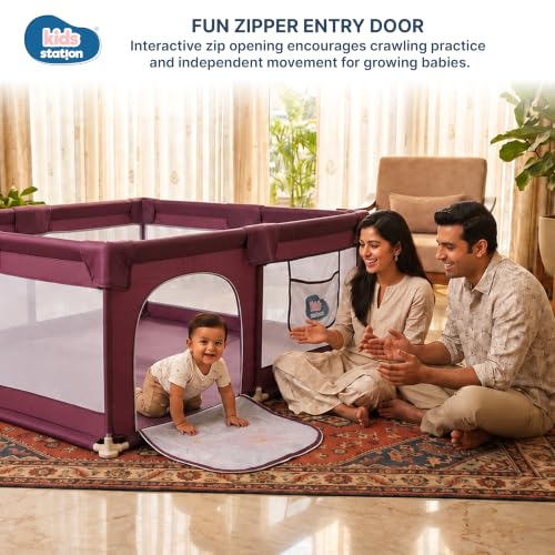 Image of Kids Station 180 x 150cm Playpen for Baby up to 5 Years, Portable Baby Activity Playards for Toddlers, Play Pen Fence with Zipper Door & Anti-Fall Grasp Rings (Non-Foldable Without Mattress) - Maroon