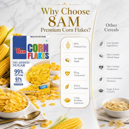 Image of 8AM Corn Flakes 500 Gram (Pack Of 2), No Added Sugar, 97% Corn, 99% Fat Free, No Cholesterol, Trans Fat, Artificial Additives, Vitamins B1, B2, B3, B6, B9, Iron, Calcium, Breakfast Cereal