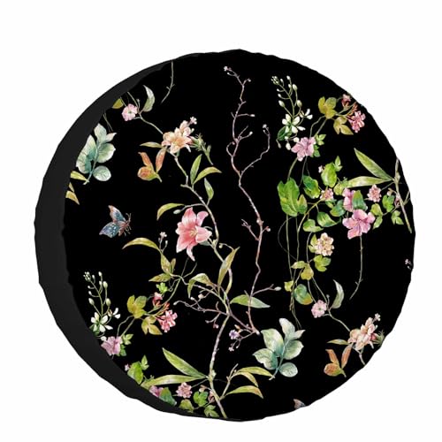 Image of Leaves Flowers Spare Tire Cover Watercolor Black Background Wheel Covers for RV Tires Camper Tire Case Protectors for Trailer Rv SUV Truck Travel Trailer 15 in