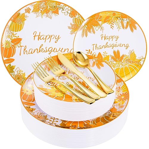 WELLIFE-150Pcs-Thanksgiving-Plastic-Plates-Thanksgiving-Dinnerware-Sets-with-Maple-Leaf-Design-Includes-30-Dinner-Plates-30-Salad-Plates-30Knives-30Forks-30Spoons WELLIFE 150Pcs Thanksgiving Plastic Plates Thanksgiving Dinnerware Sets with Maple Leaf Design Includes 30 Dinner Plates 30 Salad Plates 30Knives 30Forks 30Spoons