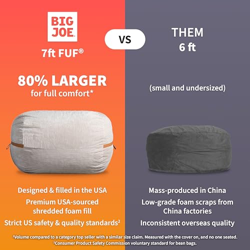 Image of Big Joe Fuf 7Ft Foam Bean Bag Chair for Kids and Family, Ideal for Living Space and Basement, Deep Terracotta Corded Plush, 7 Feet Giant
