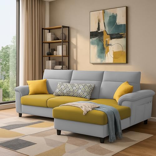 Image of Casaliving Seams RHS 4 Seater L Shape Sofa for Living Room (Yellow Grey Fabric) Premium Fabric Sofa