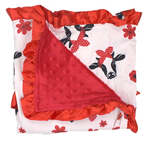 Image of Dear Baby Gear Farm Deluxe Baby Blanket - Reversible, Milestone & Newborn Gifts for Girls and Boys - Black and White Heifer Cow Red Dot Bandana & Red Ruffle & Flowers, 32x32 Inches