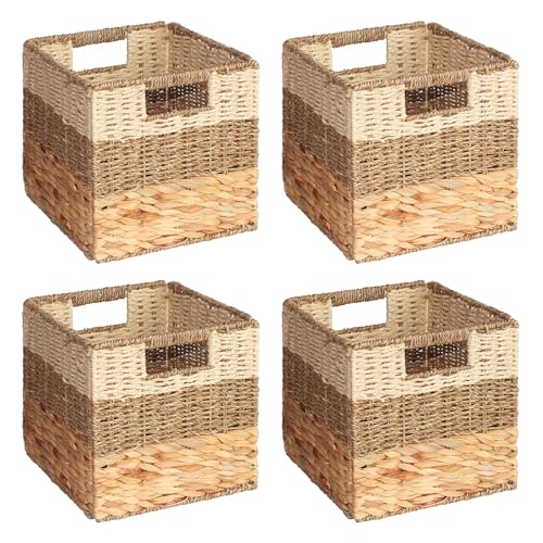 SpaceAid 4 Pack 3 Pattern Design Wicker Basket, Baskets for Organizing, Storage Rattan Basket with Handles for Shelves, Woven Cube Storage Bin Organizer, 10.5x10.5x10.5 inch, Natural