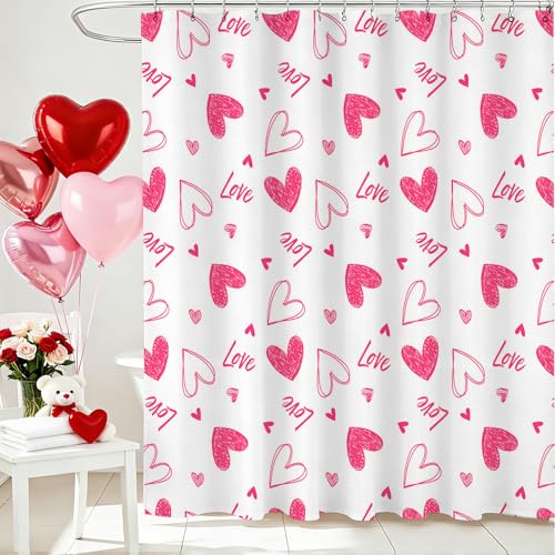 Lindameler Valentines Shower Curtain Pink Heart Shower Curtain for Valentines Day Bath Decorations Sweet Love Bath Curtain with 12 Hooks 72 X 72 Inch Waterproof Fabric