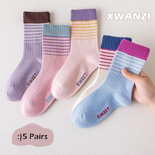 Girls Socks Ribbed Cuffs Crew Socks Mid-Calf Colourful Stripes Fashion Casual Novelty Socks for Girls 5 Pairs4