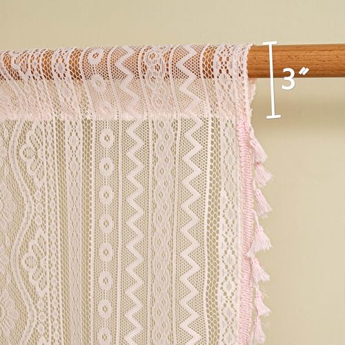Image of MYSKY HOME Pink Lace Tier Curtains 36 Inch Length 2 Panels Kitchen Cafe Sheer Short Boho Half Country Rod Pocket Curtains for Small Windows Basement Bathroom, 34 inch Wide Each Panel, Light Pink