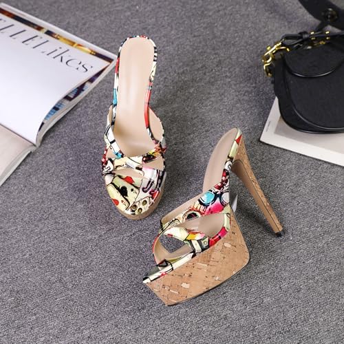 Image of Esvowido Heeled Mules for Women Cork Platform Stiletto Heels Slip on Open Toe High Heeled Sandals Crisscross Slippers Pumps Shoes