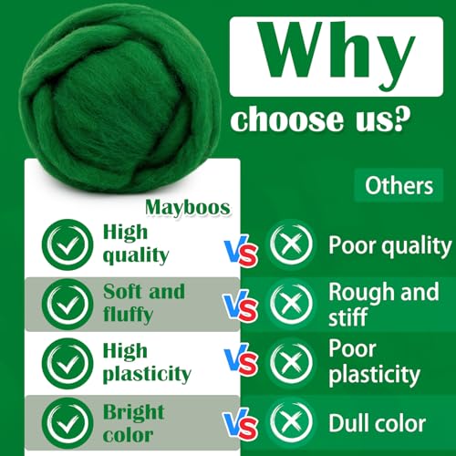 Image of Mayboos 1.76oz Green Natural Wool Roving, Needle Felting Wool | Wool for Needle Felting, Green Color for Wet /Dry Felting Handcrafts and Spinning