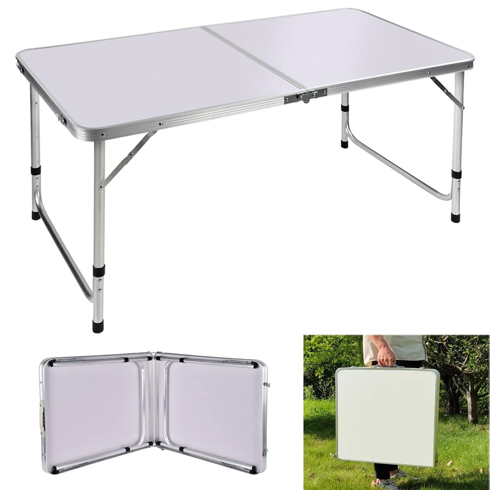 Aluminum Folding Table - Portable, Adjustable Height, Lightweight Rectangle Trestle for Garden, Outdoor Picnic & Camping - White, 120x60x70/62/55cm — image 1